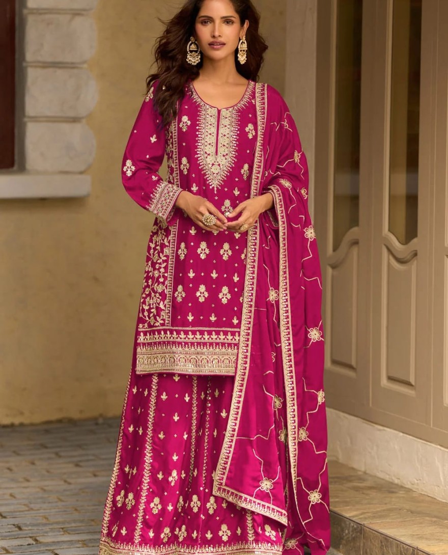 PINK - Pink Embroidered, Sequins and Thread Work Chinon Palazzo Salwar Suit